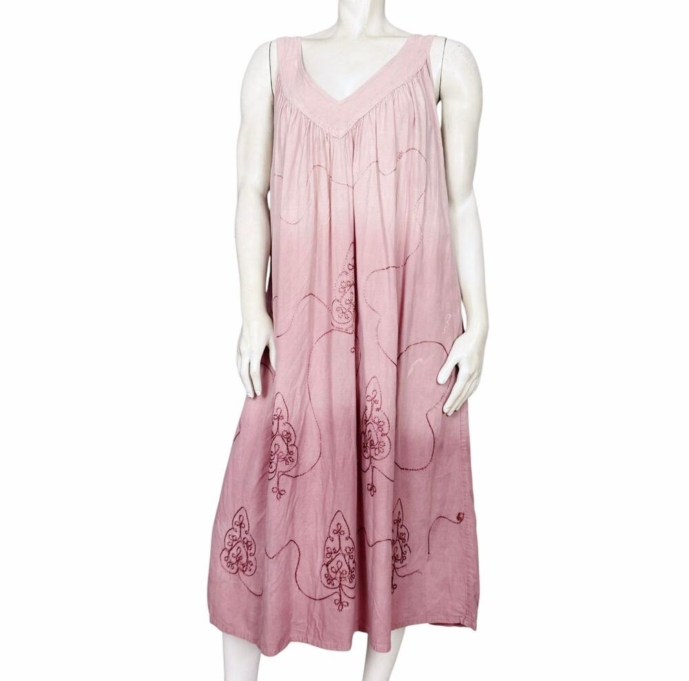 Vintage Dusty Pink Embroidered Midi Dress Sleeveless